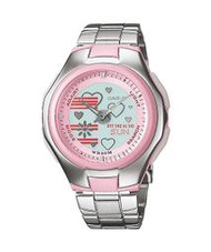 CASIO動畫電子錶+指針錶  Popton系列 蜜桃甜心甜美青春氣息時尚腕錶雙顯鋼帶錶LCF-10D-4A