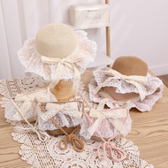 Family Style Sunscreen Girl Princess Hat Summer Large Eaves Lace Bow Straw Kids Hat + Sling Bag