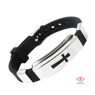 HWETR Men Fashion Silver Cross Stainless Steel Black Rubber Bracelet Bangle Wristband new
