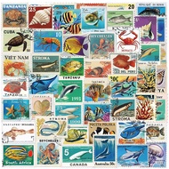 50 Pcs Cartoon Marine Life Stamp Stickers DIY Ocean Animals Stickers Creative Small Gifts