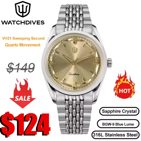 Watchdives 36mm Quartz Watch VH31 Sweep Second Movement Stainless Steel Sapphire Tiger Eye Stone Dia