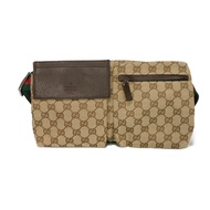 GUCCI GG帆布腰包，飾有品牌標示壓紋，小牛皮ブラウンRED，可作腰包、單肩包、織帶條紋、米色斜挎包，貨號28566