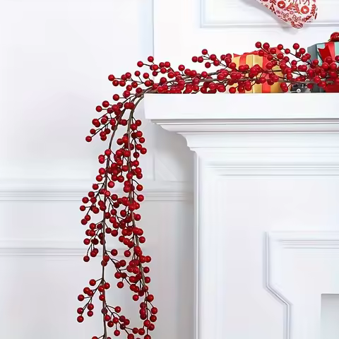 68/74 Inches Artificial Red Berry Garland Vine 2024 Christmas Decoration Holly Fruit Hanging Rattan 