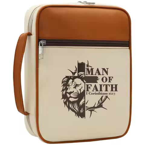 Bible Cover for Men with Handle, Man of Faith Lion Cross Print Zipper Bible Case, Front Pocket Chris