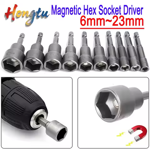 Hongtu 1Pcs Magnetic Hex Socket Driver - Chromium-Vanadium Steel, Hex Shank, Impact-Ready, 6~23mm Nu