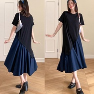 Plus Size 40-150kg Fake Two-piece Short Sleeved T-shirt Dress Loose Knee Length Patchwork Dress