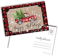 Red Plaid Snowy Pickup Truck Happy Holidays Blank Postcards To Send To Friends & Family, 4"x6" Fill 