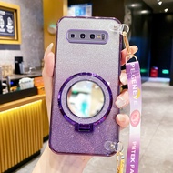 Casing for Samsung Galaxy S10 S9 S8 Plus S10+ S9+ S8+ Circle Mirror Stand Bracket Glitter Powder wit