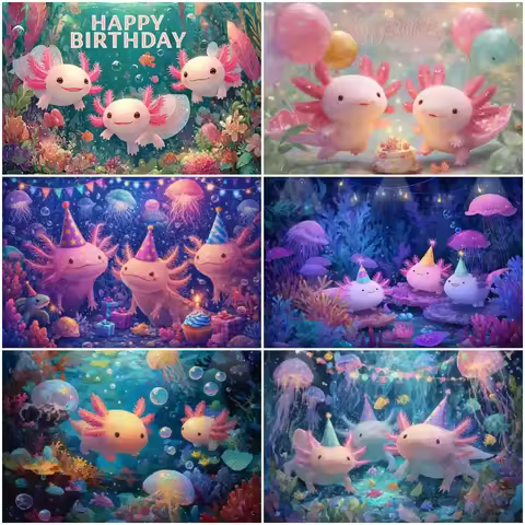 Cute Axolotl Theme Party Decoration Background Underwater Sea Life Salamander Backdrop Child Birthda