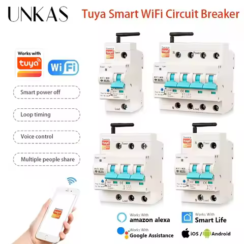 UNKAS 1P 2P 3P 4P Works with Tuya Wifi Circuit Breaker Interruptor Smart Life Timer Voice Remote Con