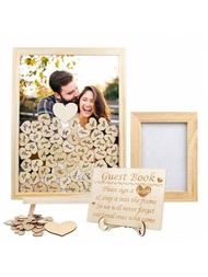 1 套婚禮簽名相框(30x40 厘米),另類婚禮留言簿套裝,帶膠合板的木製留言盒,帶 102 個木心,非常適合鄉村婚禮裝飾