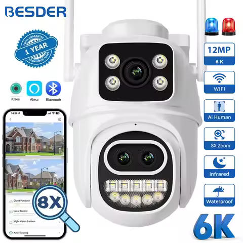 BESDER 6K 12MP Wifi Camera PTZ Dual Screen 8X Digital Zoom AI Auto Tracking Outdoor 8MP CCTV IP Came