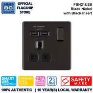 British General (FBN21U2B) Screwless Flat Plate 13A Switched Single Socket with USB Charger, 13A, 1 gang SP, switched +