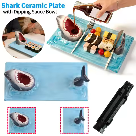 3 in 1 Handmade Ceramic Shark Sushi Plates with Dipping Sauce Bowl Funny Nacho Taco Stands Tray Gift