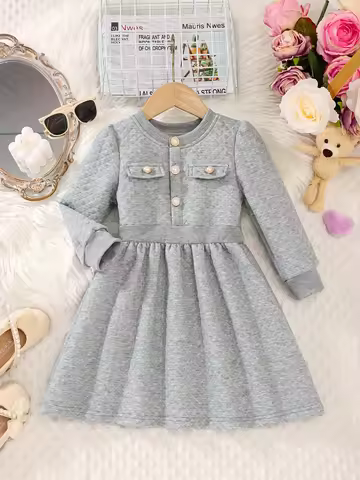 A Long-Sleeved Princess Dress With A Round Neck, Pearl Buttons And A Cinched Waist For Girls In Autu