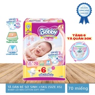 Bịch 70 Miếng Tã Dán Bobby Lõi Nén Cotton-Soft Trẻ Sơ Sinh 5kg (Size SX) Tặng 6 Miếng Tã Quần Size S