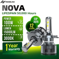 NeoGlow NOVA 100W 15,000LM 3000K H4/H11 LED Headlight – CANBUS, IP68 Waterproof, Turbo Fog Lamp H4 L