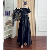 Gamis Brokat Hitam Elegan Sakura Dres Silk Premium Mix Brukat Aplikasi Payet Mutiara M L XL XXL 3XL