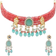 Gold Plated Bridal Wedding Multicolored Kundan, CZ Pearl Beaded Choker Necklace with Drop Dangler Ma