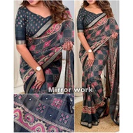 Ajrakh linen saree with real mirror