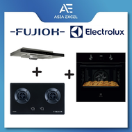 (Bulky) FUJIOH FR-MS1990R 90CM SLIMLINE HOOD + FUJIOH FH-GS6520 SVGL 2 BURNER GLASS GAS HOB + ELECTROLUX KOIGH00KA 72L BLACK ULTIMATETASTE 300 BUILT-IN OVEN