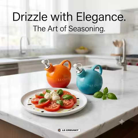 Le Creuset 2 Piece Ceramic Olive Oil Cruet Vinegar Dispenser With Spout Opaque Bottle Premium Kitche