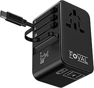 FOVAL European Travel Plug Adapter, 35W Universal Travel Adapter with Retractable USB C Cable, USB C