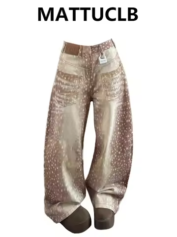 Women's American Retro Leopard Print Jean Baggy Jean Wide Fit Denim Pants Y2K Cowboy Japanese Boyfri