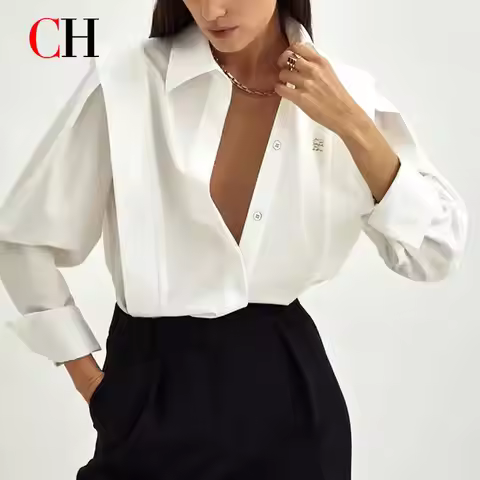CH Womens CH Logo Embroidered Shirt Long Sleeve Structured Shoulder Office Blouse Fashion Button Dow
