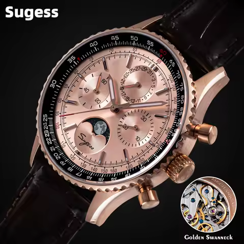 Sugess Watch Mens Moonphase Pilot Chronograph Mechanical Wristwatches Tianjin ST1908 Movement Swanne