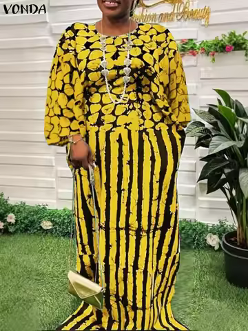 Plus Size 5XL Women Bohemian Long Dress Vintage Printed Sundress 2025 VONDA 3/4 Sleeve Robe Casual O