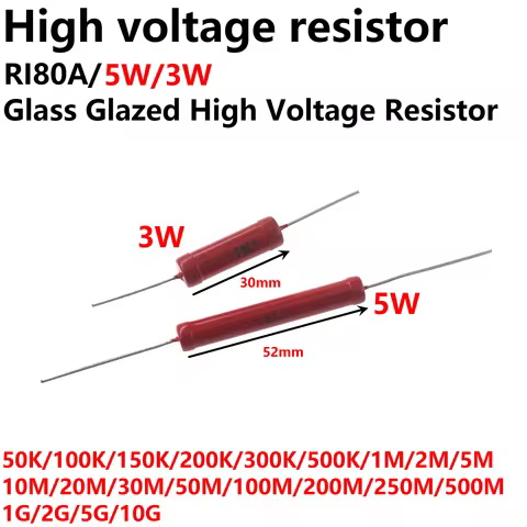 5PCS High Voltage Glass Glaze Film Resistor 5W 10K50K100K200K330K500K680K 780k RI80A3W RI80A5W Ohm