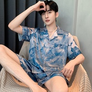 Baju tidur lelaki sutera ais lelaki bergaya musim panas nipis seluar pendek lengan pendek sutera sat