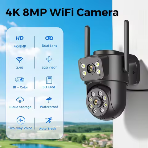 8MP 4K Wifi Security Cameras Dual Lens Dual Screens ICSEE Surveillance Camera Outdoor 7/24 Record Hu