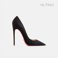 hltino2024年春季新款黑色高跟鞋12cm細跟性感尖頭夜店絨面鞋子女