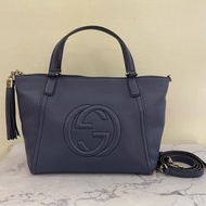 Gucci SOHO經典雙G LOGO藍皮革流蘇手提斜背兩用包