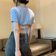 ins, women's T-shirt, new style, Korean version, simple, sexy, backless, lace-up, short, hot girl, top, short-sleeved, knitted sweater TNQM