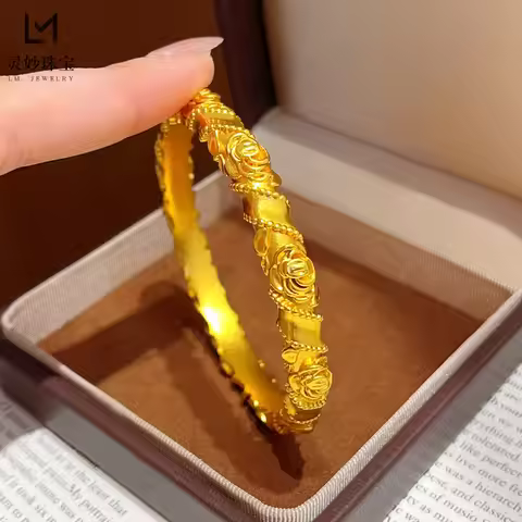 Rose Embossed Closed Bangle Women's 24K Gold AU999 - Romantic rose embossment, pure 24K gold, for da