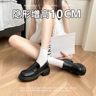 10cm Hidden Heel Small Leather Shoes Womens Small High Heel Flats Platform Leather Shoes Chunky Heel