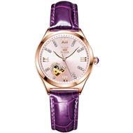 OLEVS 6636 Mechanical Fashion Women Watch Gift Round-dial Genuine Leather Watchband Wristwatch Lumin