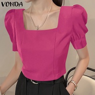 VONDA เสื้อเบลาส์แบบสวมหัวคอสี่เหลี่ยมแฟชั่นของผู้หญิงเสื้อเบลาส์แบบสวมหัวสีเรียบมีสไตล์ (ลายดอกไม้เกาหลี)