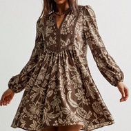 Striped Lace V-Neck Casual Long Sleeve Classic Coffee Color Dress, Bohemian Style For Easter Beach, 