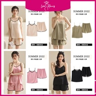 (Love.Annis) 2 Piece Women Ice Silk Lace Sleep Wear With Top Singlet with Pant 2in1 Lingerie Pyjamas