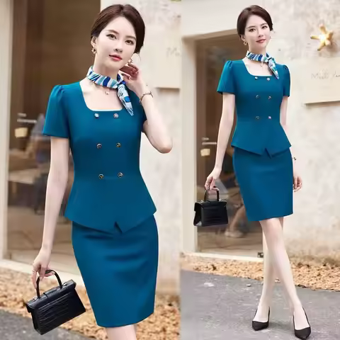 Short Sleeve Blazer Dress Women Summer New Black Professional Suit Hotel Receptionist Work Uniform