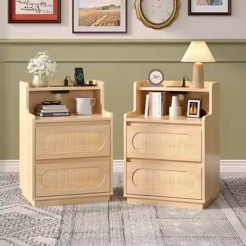 Night Stand Set of 2, Rattan Nightstands with Charging Station, 17.72" W Boho Wood Nightstand for Be