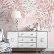 Photo Wallpaper Nordic Ins Pink Tropical Plants Hand-painted Leaves Indoor Background Wall Mural Living Room