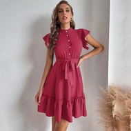 Summer Black Red Short Sleeve Midi Dress Casual Polka Dot Print Party Slim Button Dresses For Women 2021 Robe Femme