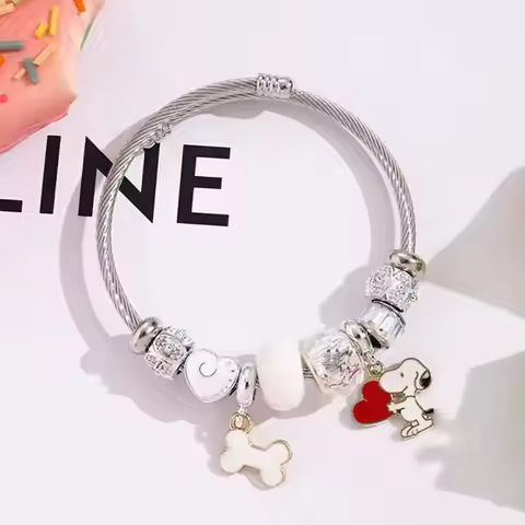 Cute Cartoon Snoopy Bone Heart Beaded Bracelet Jewelry Cartoon Animation Fashion DIY Adjustable Brac