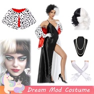Black White Cruella De Vil Cosplay Costume For Women Sexy Halter Dress With Shawl Party Outfits Hall