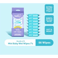 Hoppi Premium 99% Mini Baby Water Wipes (7 Wipes x 8 Packs)